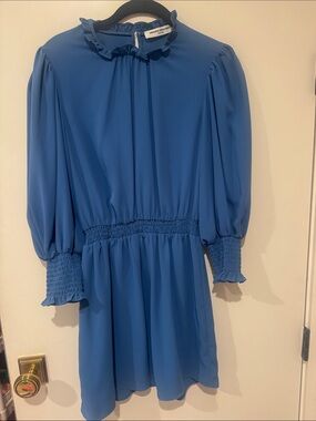 Amanda Uprichard Royal Blue Smocked-Waist Long Sleeve Dress